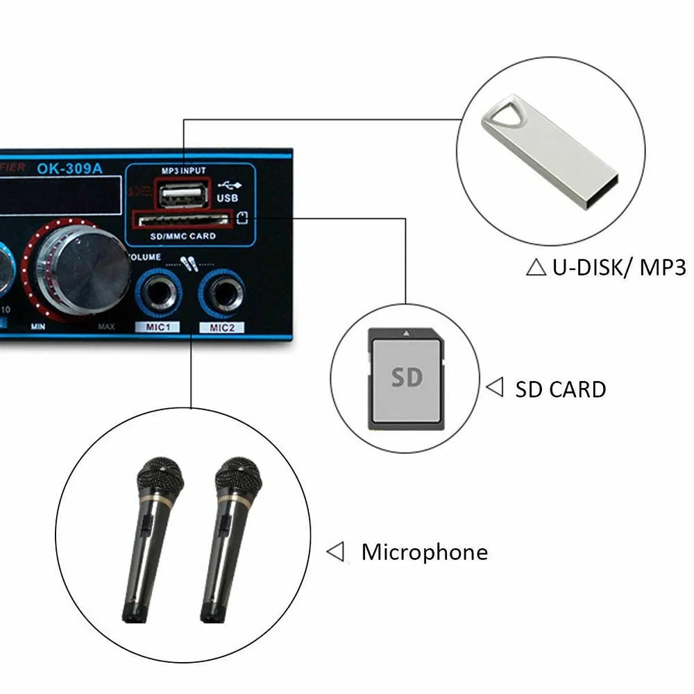 Black iron Bluetooth power amplifier with recording function and remote control for home and car audio
