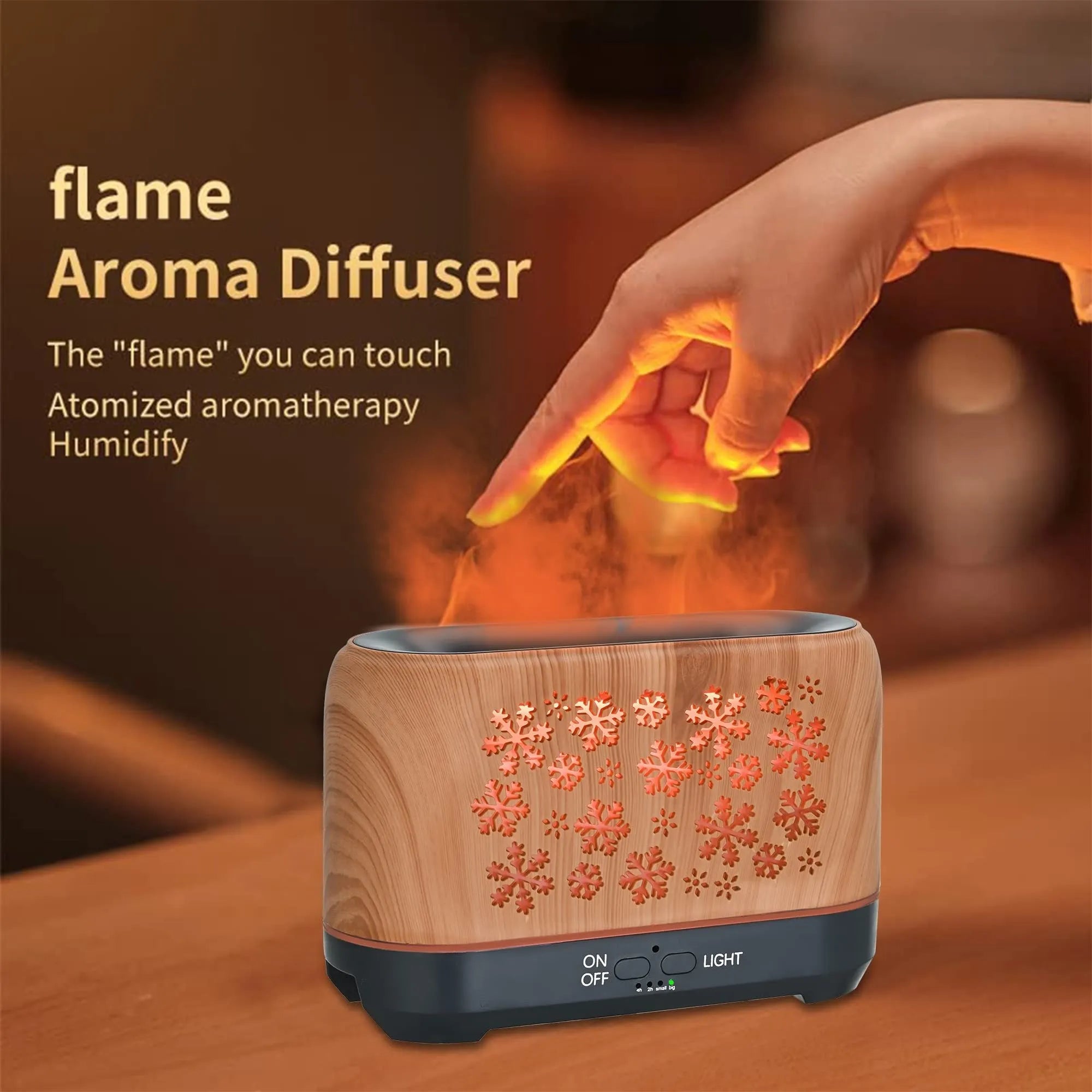 Wood grain snowflake pattern humidifier with colourful flame mist effect on desktop