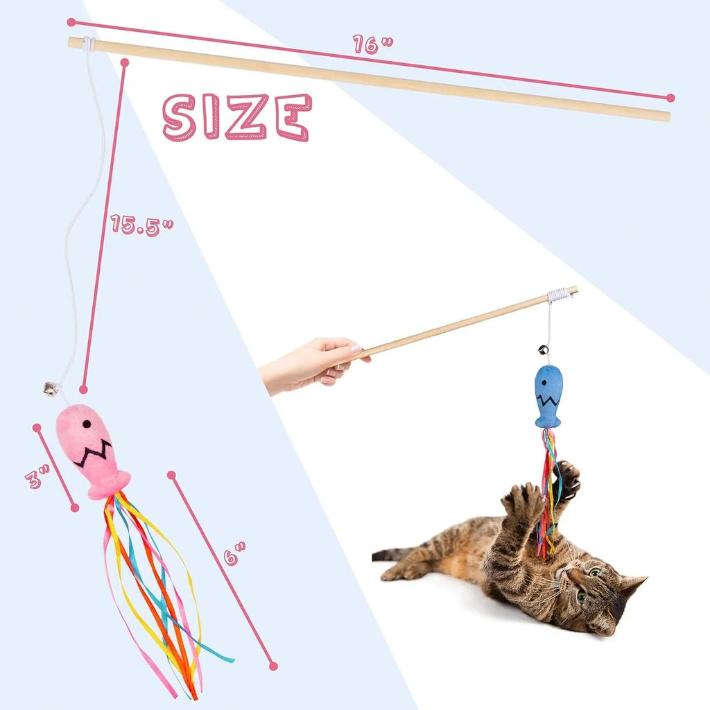 Cat wand toy with colourful ribbons, catnip fish, and bell on wooden handle for interactive play