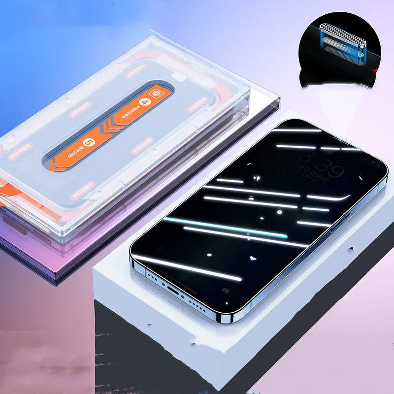 Anti-peep tempered glass screen protector for iPhone with electroplating finish and clean room applicator