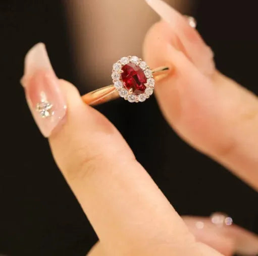 Gold Pigeon red blood gemstone sterling silver inlaid ring with floral pattern on silver-plated metal background