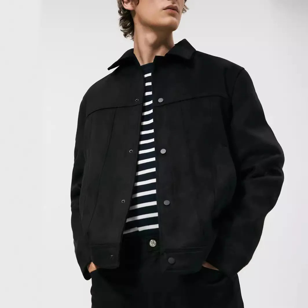 Men's black hooded jacket with a suede collar, side pockets, and a straight hem.