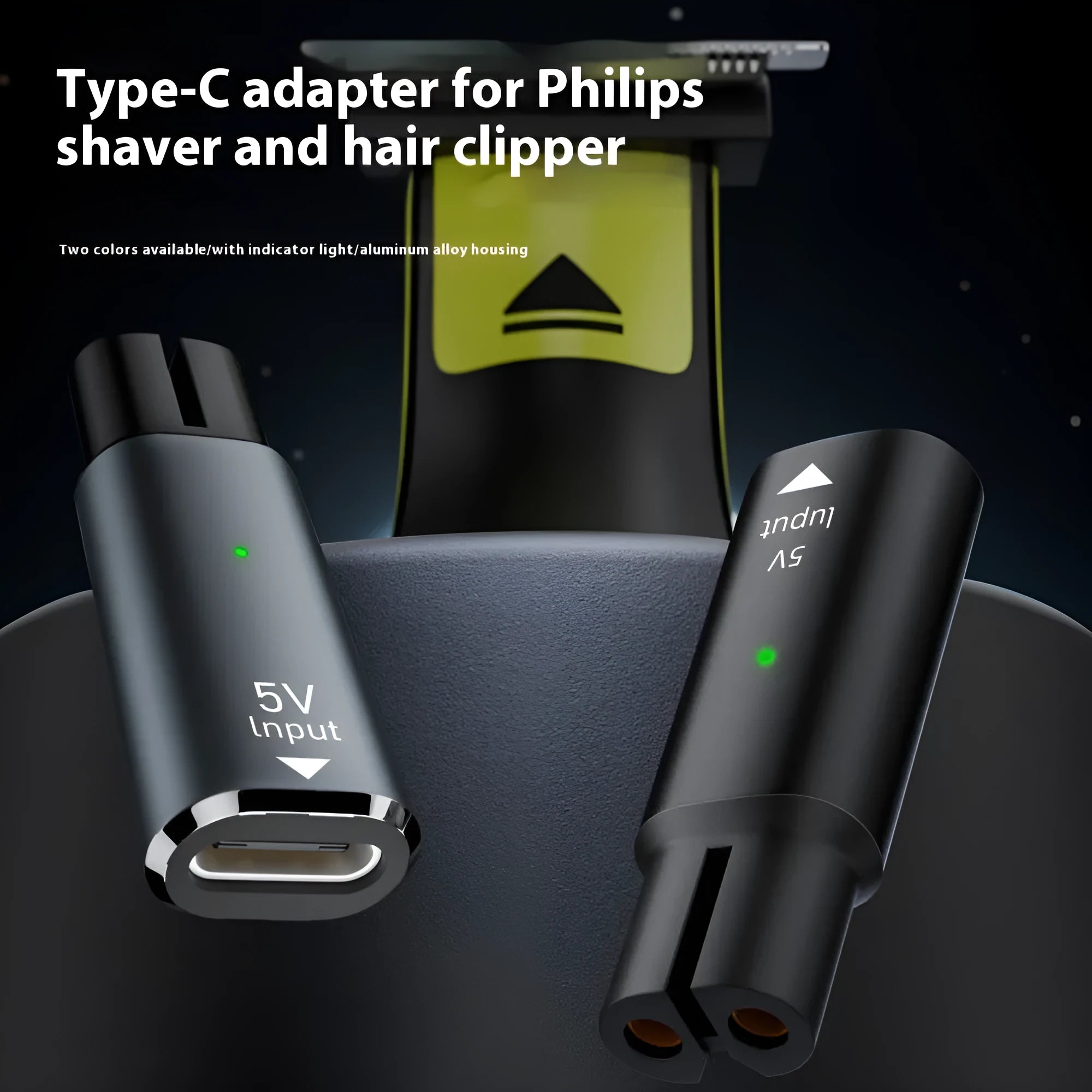 USB-C charging adapter for electric shavers with aluminium alloy housing in black and grey options
