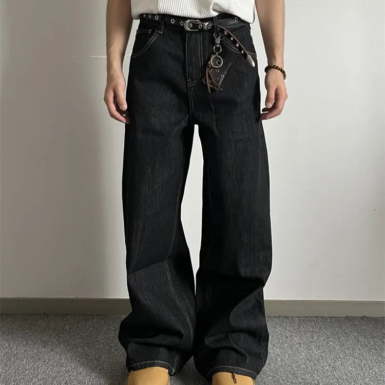 Black retro straight-leg jeans with loose wide-leg fit and zip fly