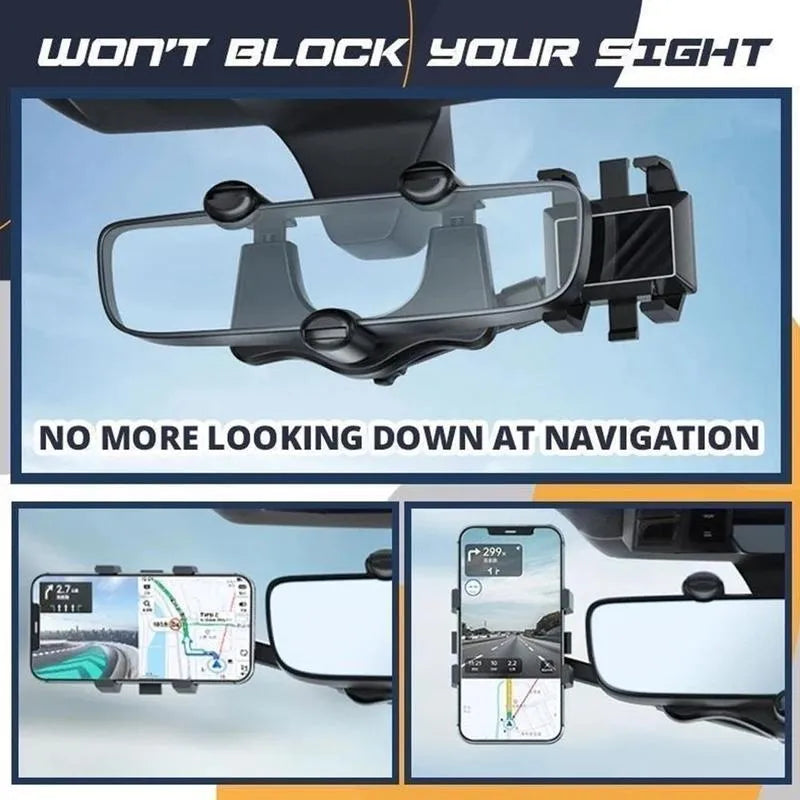 Black rearview mirror car phone holder showing 360-degree rotation and retractable arm extended.