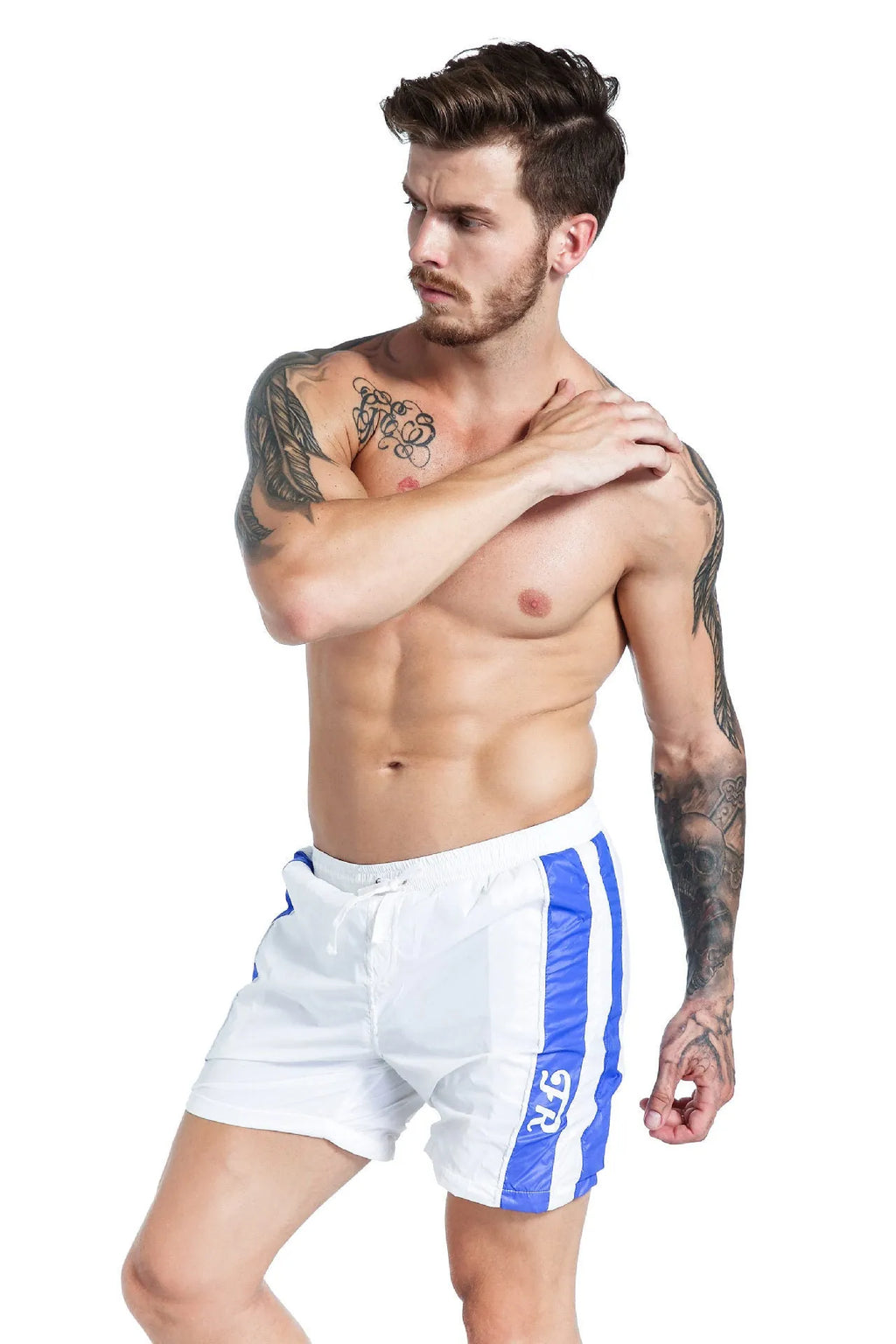 Men's blue casual sports shorts with lace-up detailing and slim fit stretch design