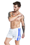 Men's blue casual sports shorts with lace-up detailing and slim fit stretch design