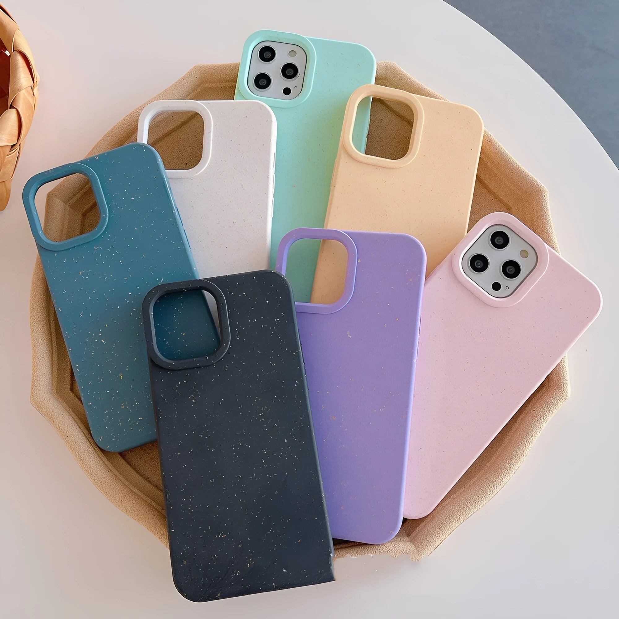 Degradable wheat straw composite phone case for iPhone models showing colour options