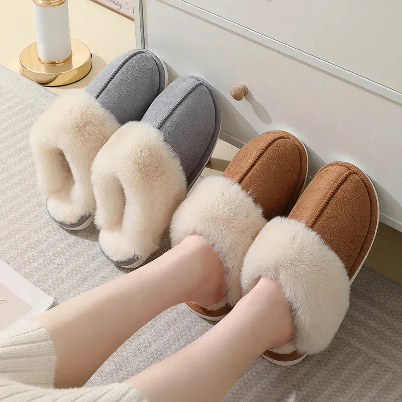 Women's plush winter slippers with artificial wool lining and anti-slip PVC soles in multiple colours
