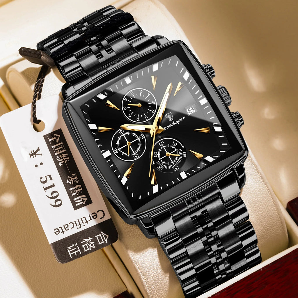 Square men's business watch with stainless steel strap and butterfly buckle on wrist.