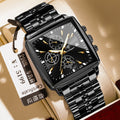 Square men's business watch with stainless steel strap and butterfly buckle on wrist.
