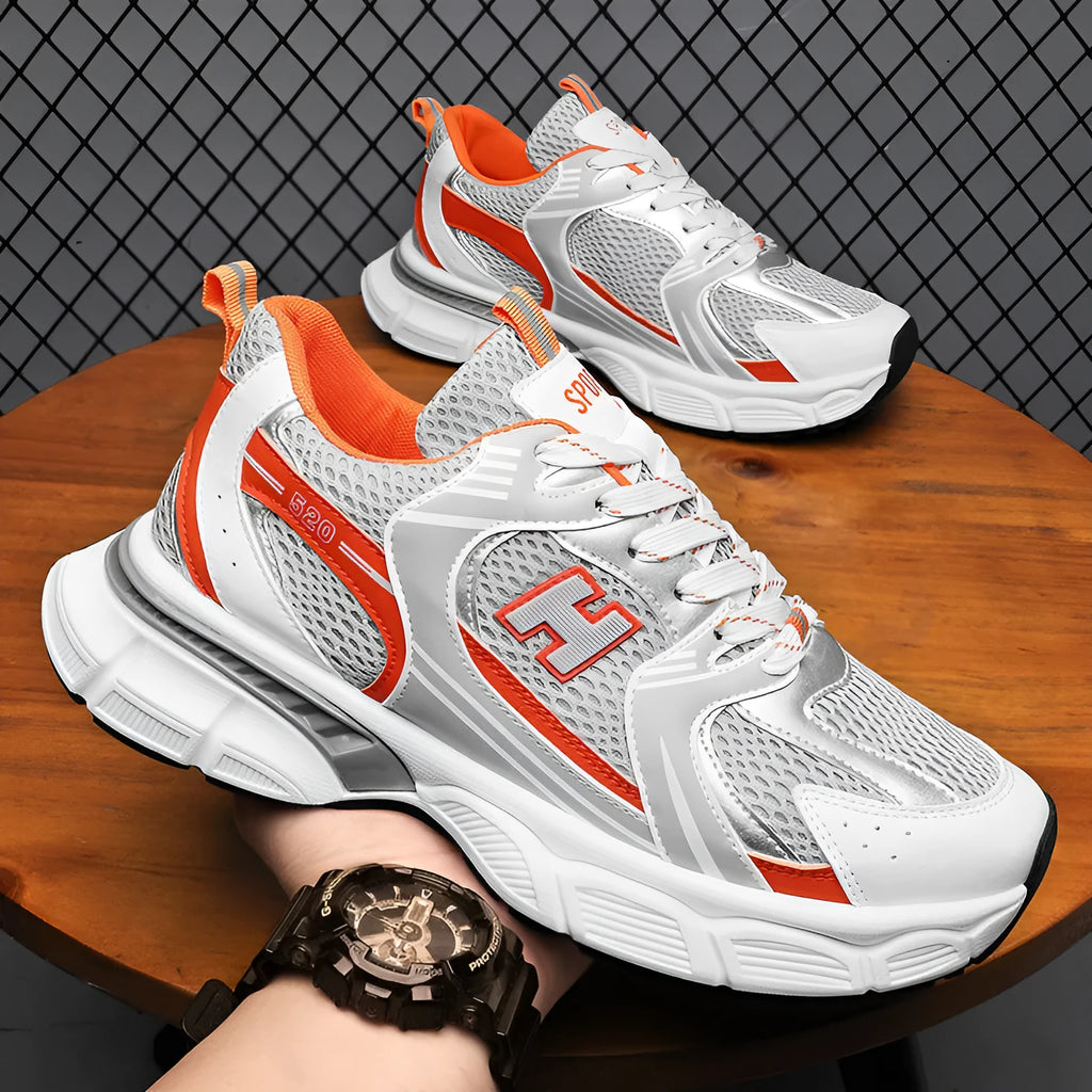 Men's white and gray mesh casual running shoes with a round toe and injection moulded plastic sole.
