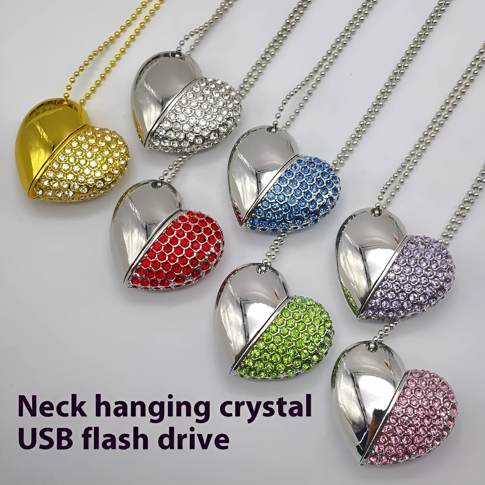 Blue heart-shaped USB flash drive with brick-inlaid pattern on metal body, showing USB connector.
