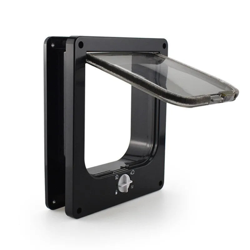 Interior cat door with rotary lock magnetic closure in black, showing frame and flap.