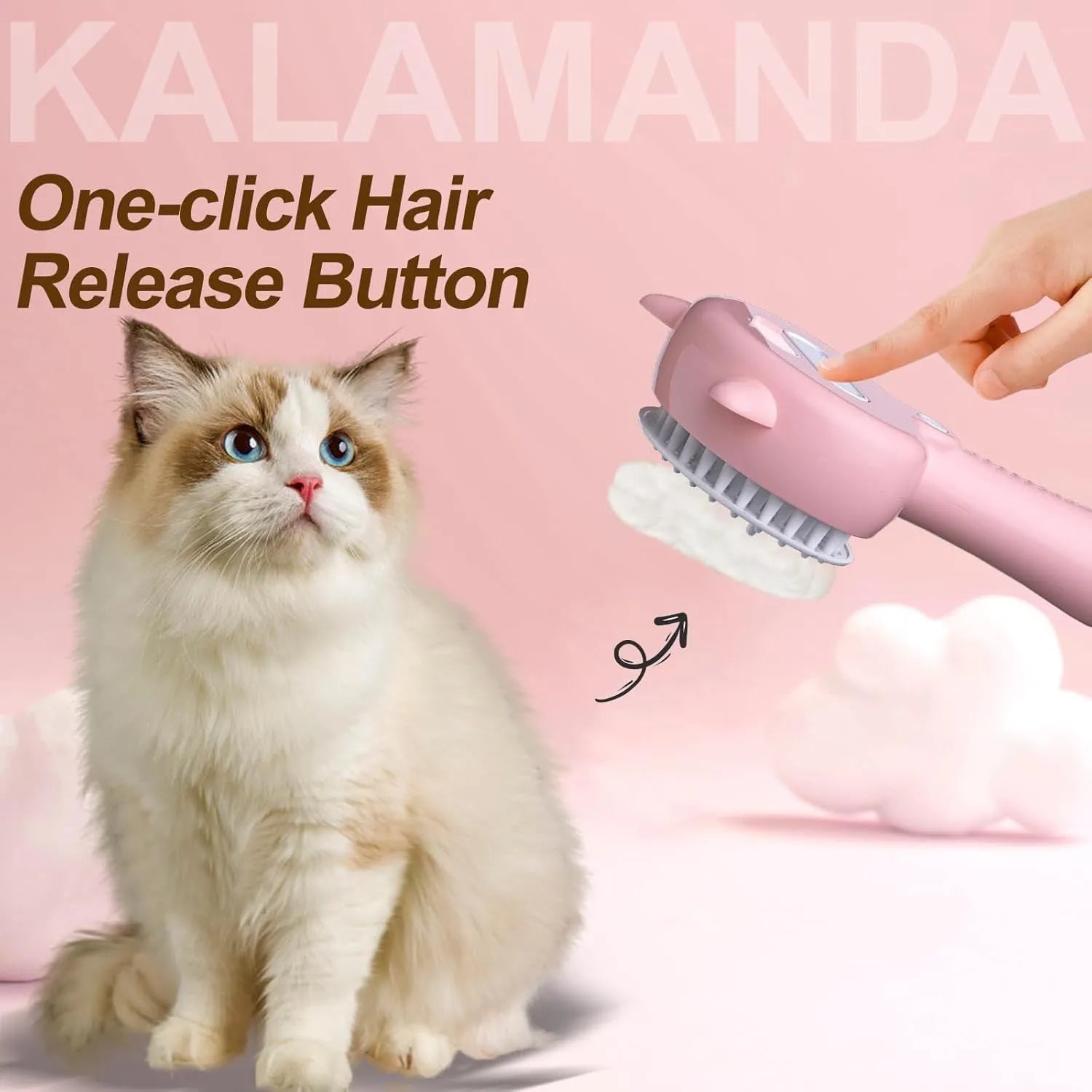 Blue cat steam brush with ergonomic handle, rubber bristles and one-click release button for pet grooming