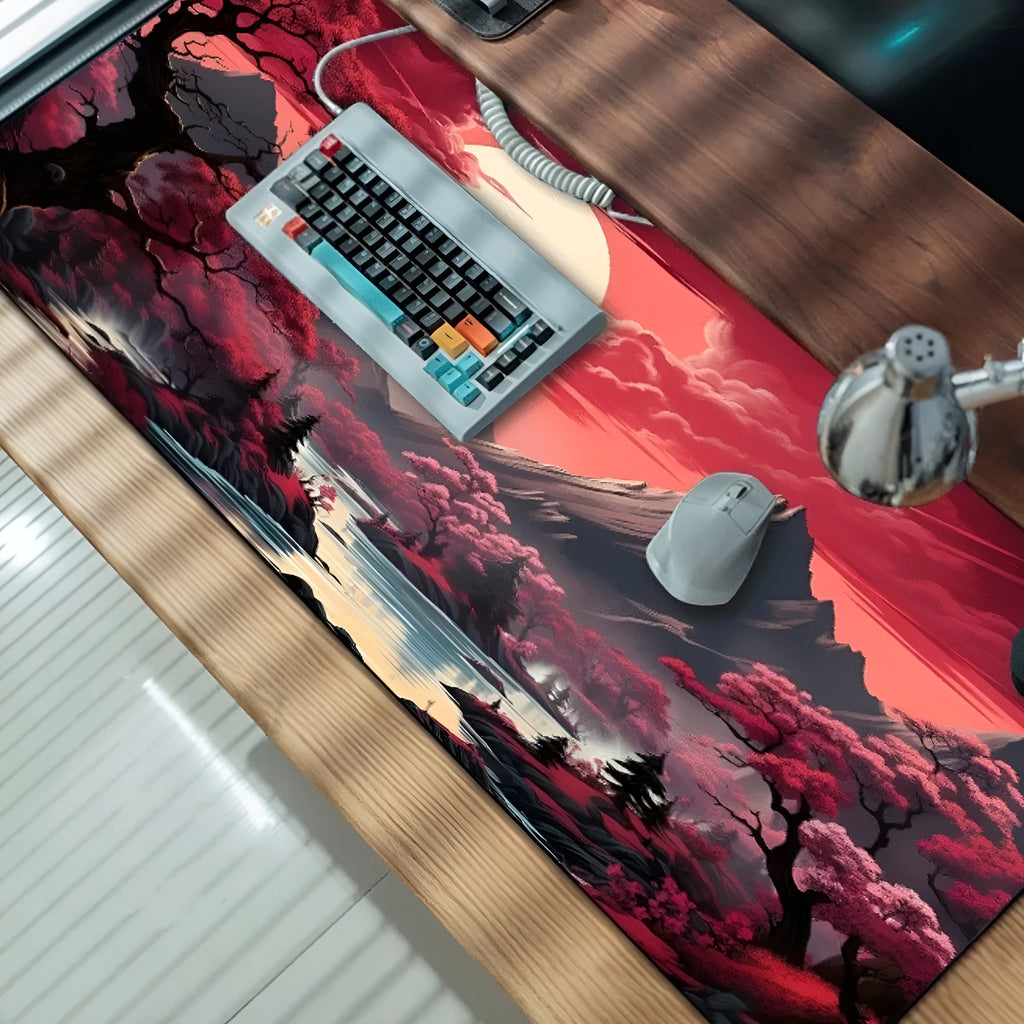 Large custom anime print gaming mouse pad on a desk with keyboard and mouse