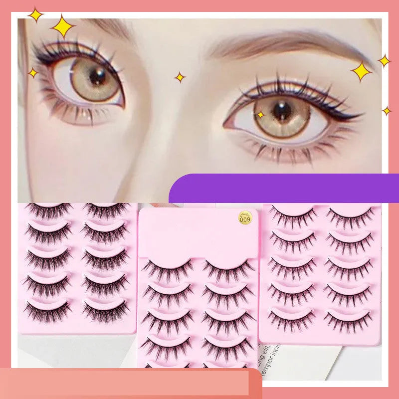 Set of manga-style false eyelashes showing three wispy designs with black plastic bands.