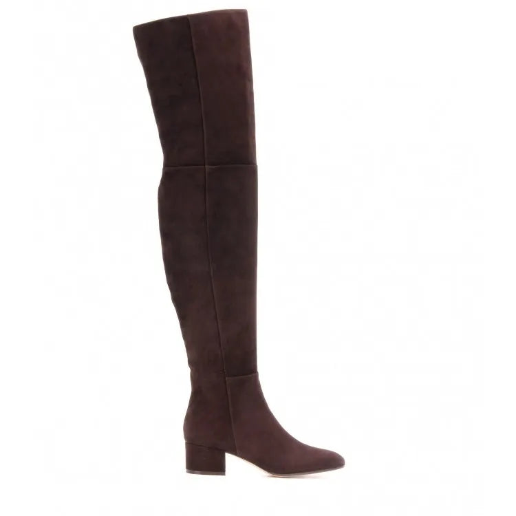 Grey suede women's over-the-knee flat boots with a pointed toe and thick low rubber sole.