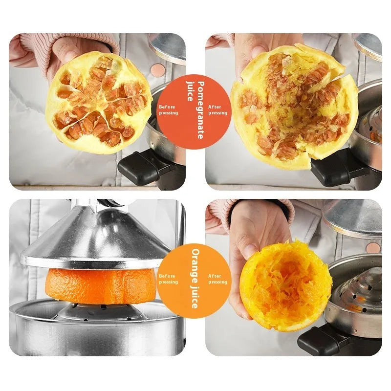 Tall black manual citrus juicer with cast iron base and stainless steel cone on a kitchen counter.