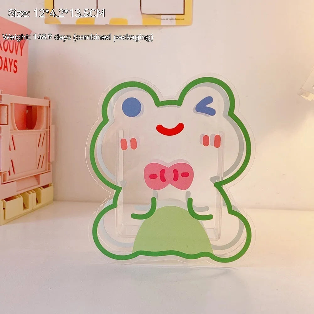 Square clear acrylic storage box with cute character print, showing six design options for desk organisation