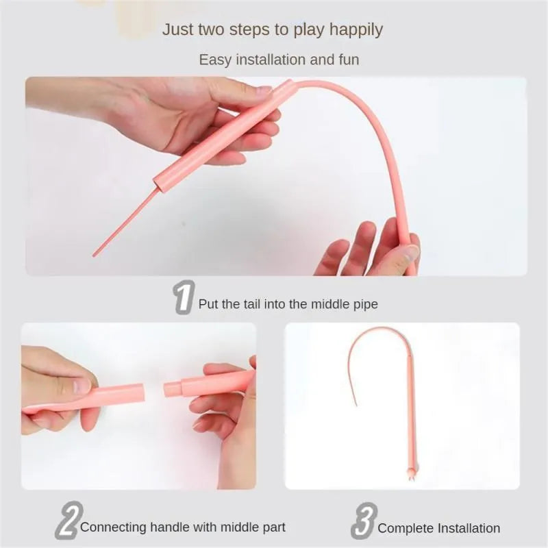 Blue silicone mouse tail cat toy with ABS handle showing 80cm length and replaceable core system
