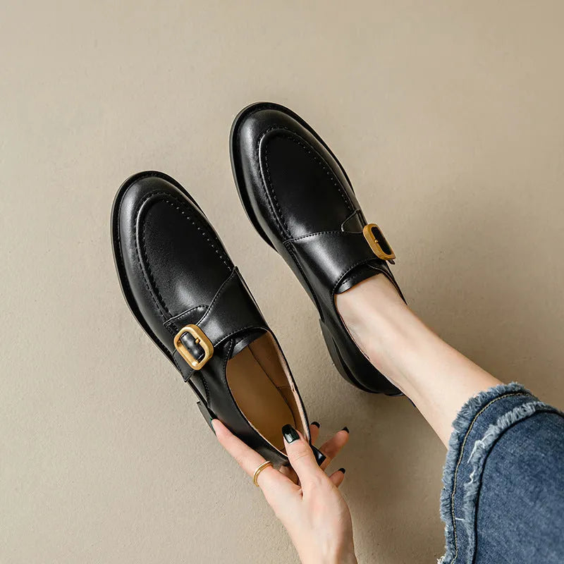 Women's casual round toe mid heel leather shoes with belt buckle in black and brown
