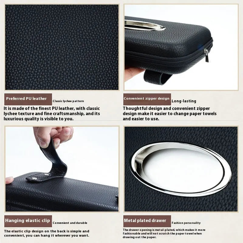 PU leather hanging car tissue box in beige diamond colour, designed for vehicle interior storage