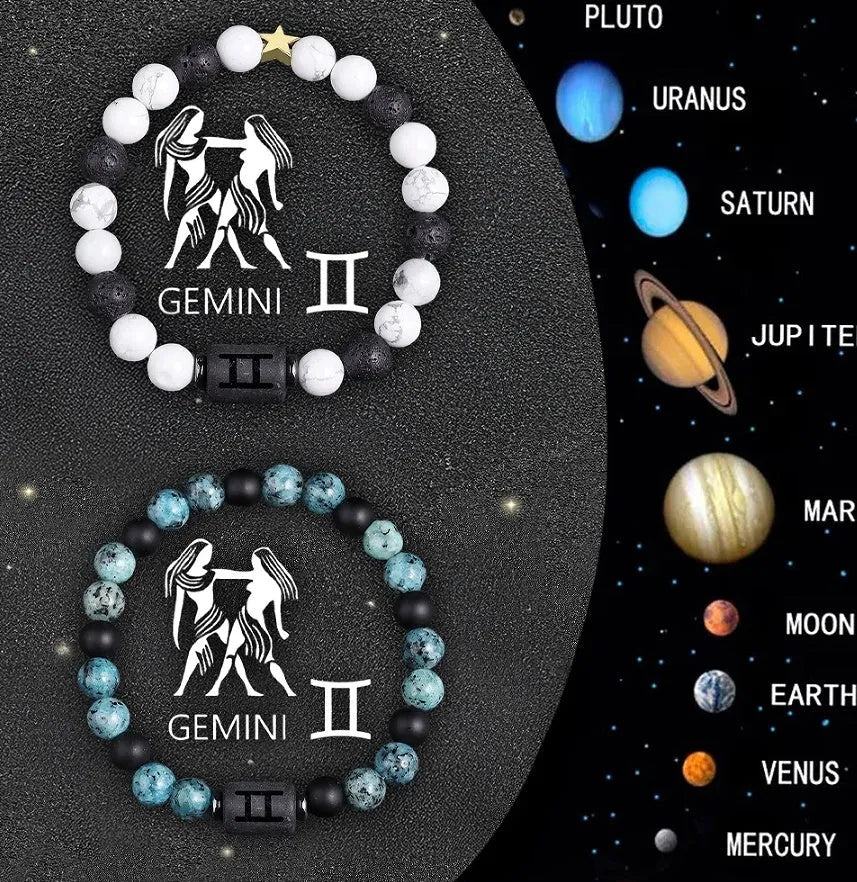 Set of twelve natural stone zodiac sign bracelets with elastic closures arranged in circle