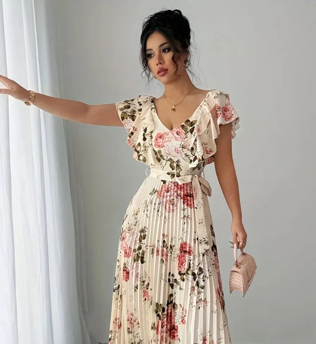 Apricot floral print v-neck dress with ruffled short sleeves and swing skirt
