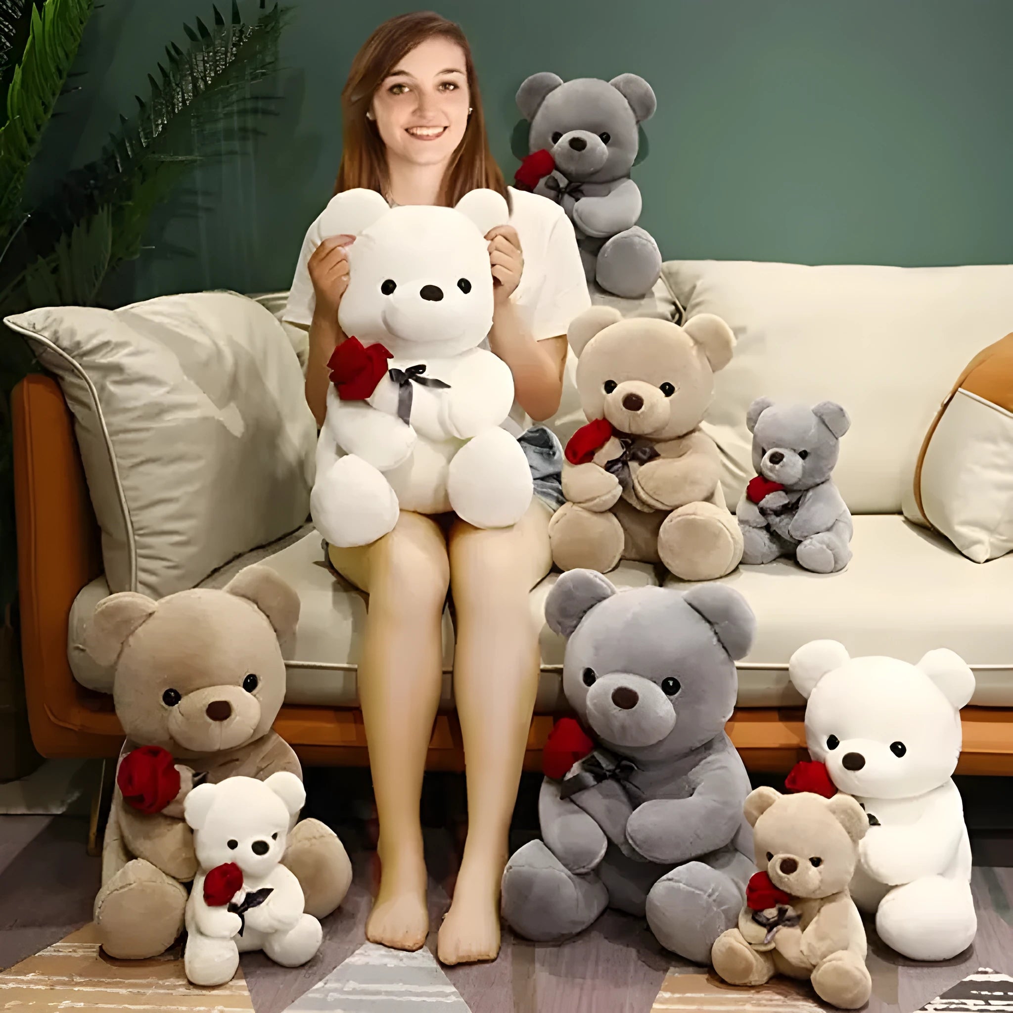 Soft plush rose bear teddy doll in beige, brown or grey colours with PP cotton stuffing