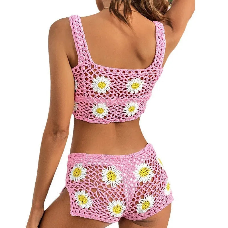 Women's floral bikini swimsuit set in light green or pink with hollow yarn acrylic fabric construction
