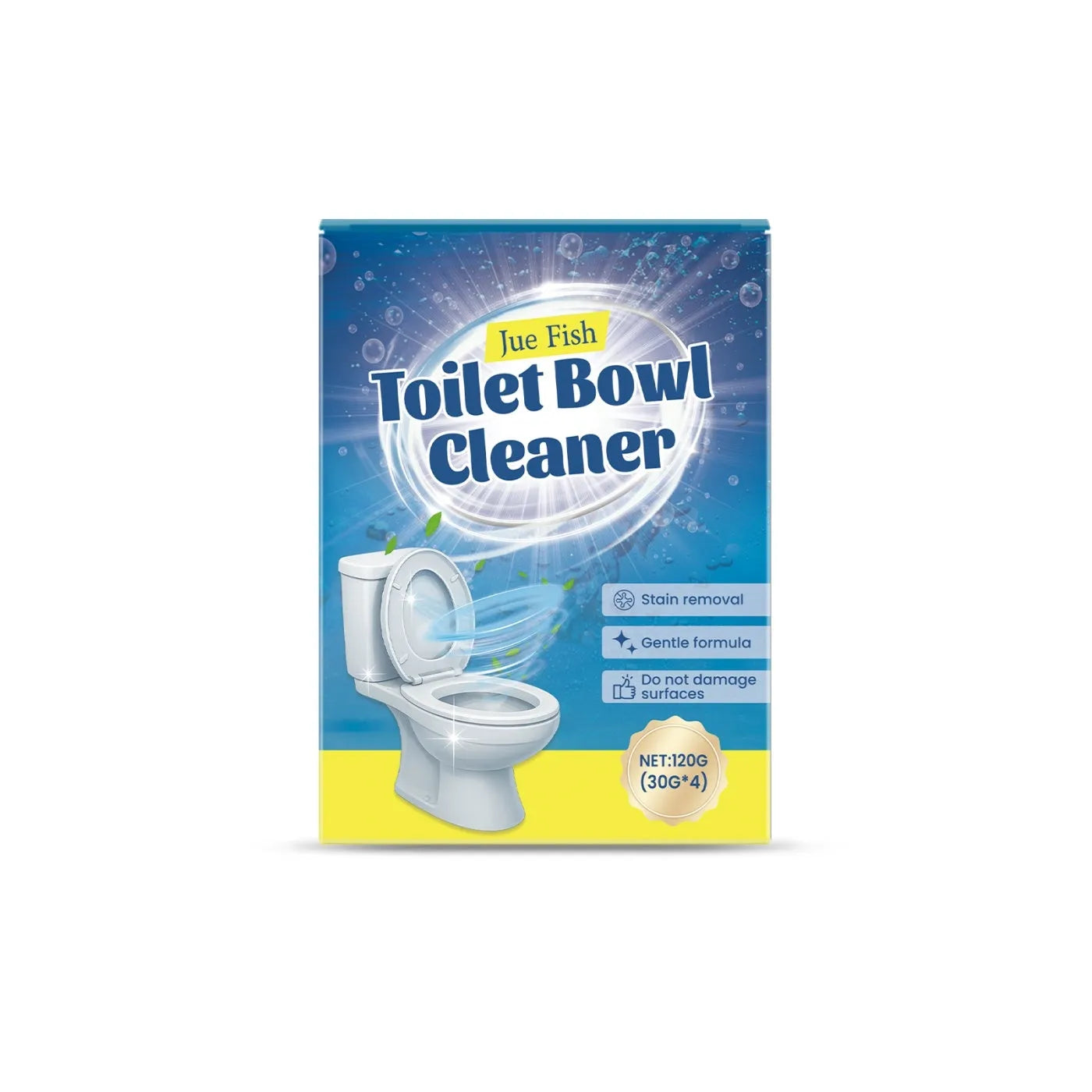Box of toilet cleaning powder showing four 30g pouches, 120g total, for descaling and stain removal.