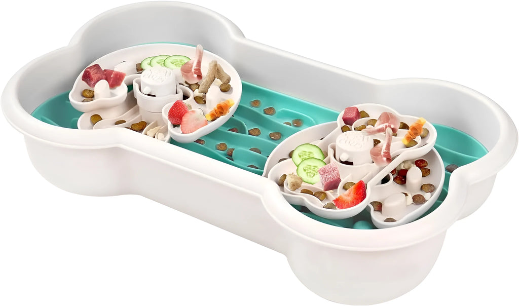 Large green slow feeder dog bowl with three rotating puzzle trays for dry and wet food