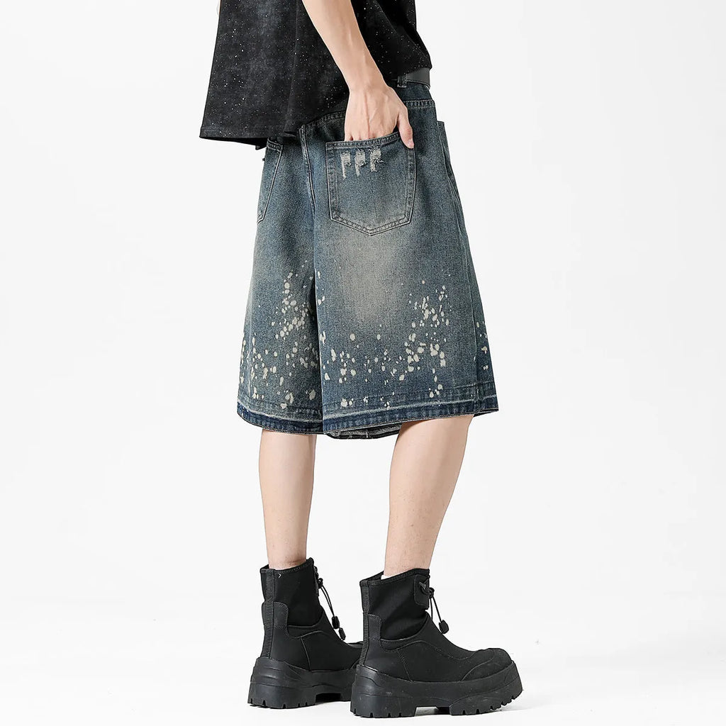 Retro washed ripped splash ink five points denim shorts for men in retro blue straight fit