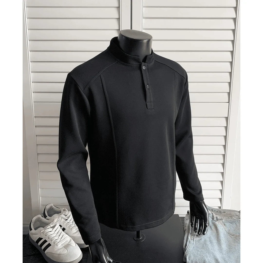 Men's patchwork polo shirt with stand-up collar and asymmetric design in heather gray