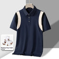 Men's striped short-sleeve T-shirt with V-neck business lapel in thin cotton fabric, shown in grey.
