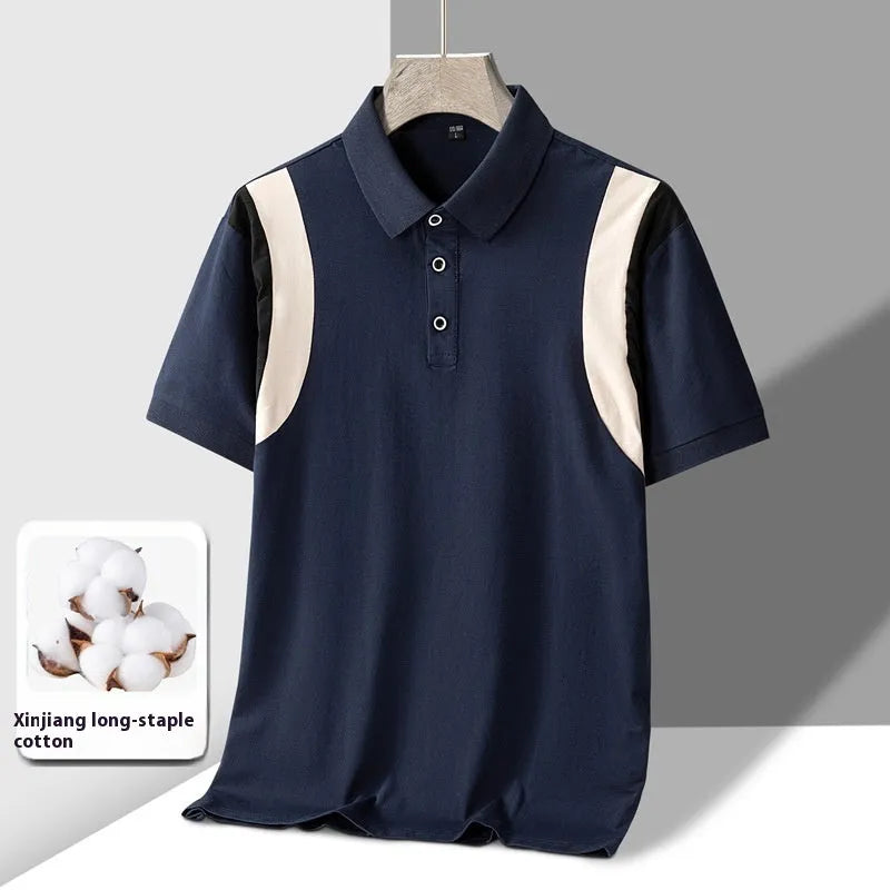 Men's striped short-sleeve T-shirt with V-neck business lapel in thin cotton fabric, shown in grey.