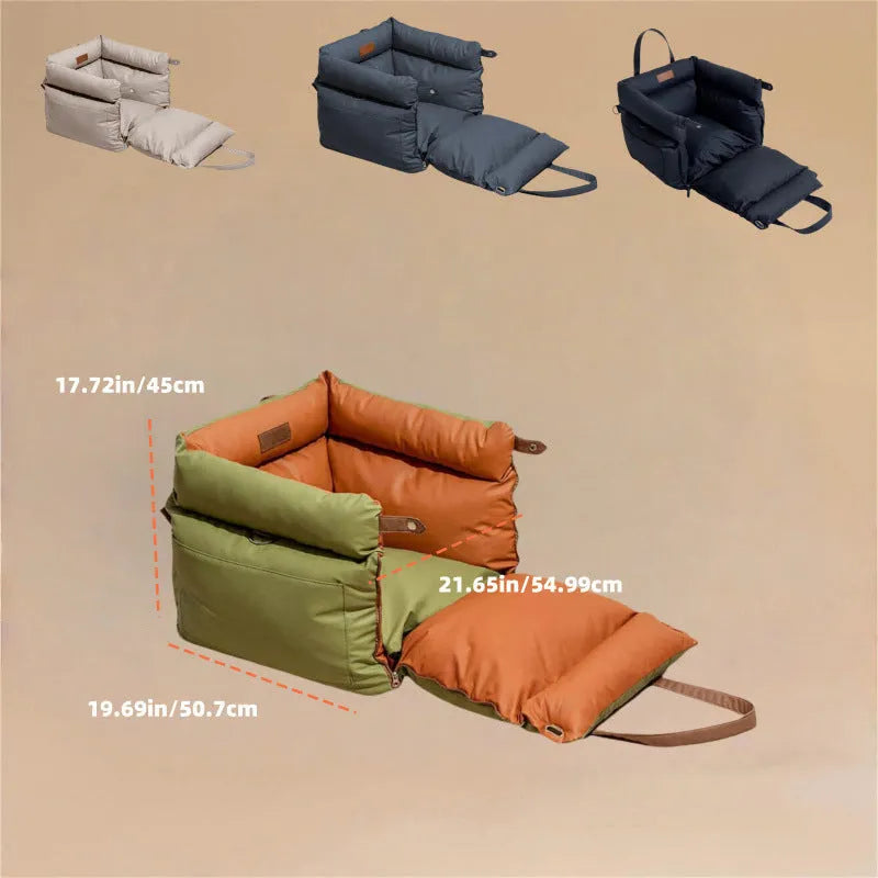 Green waterproof PU leather dog car nest bed with removable inner cushion, shown next to a car seat.