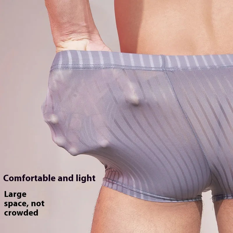 Men's thin striped nylon underwear in black, shown flat.
