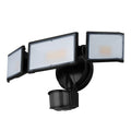 White 120V LED security flood light with motion sensor for wall or ceiling mounting.