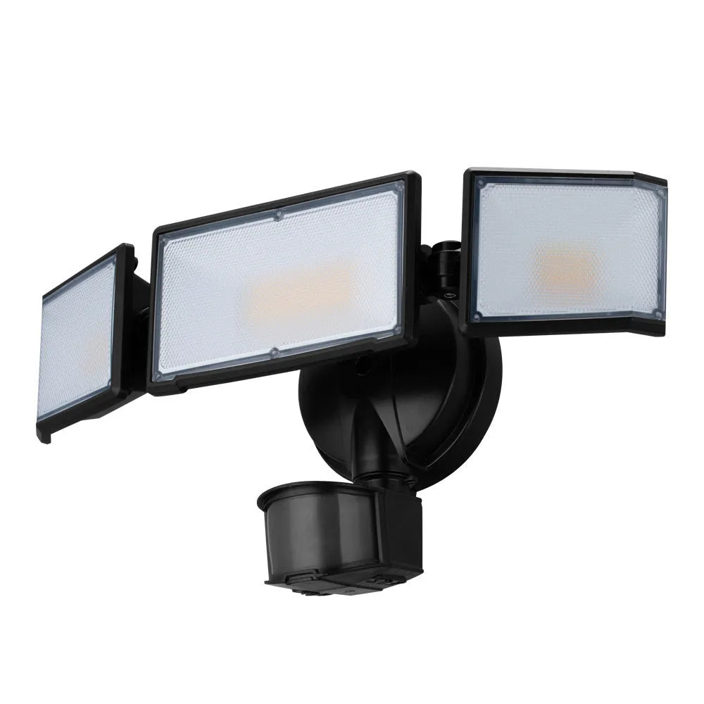 White 120V LED security flood light with motion sensor for wall or ceiling mounting.
