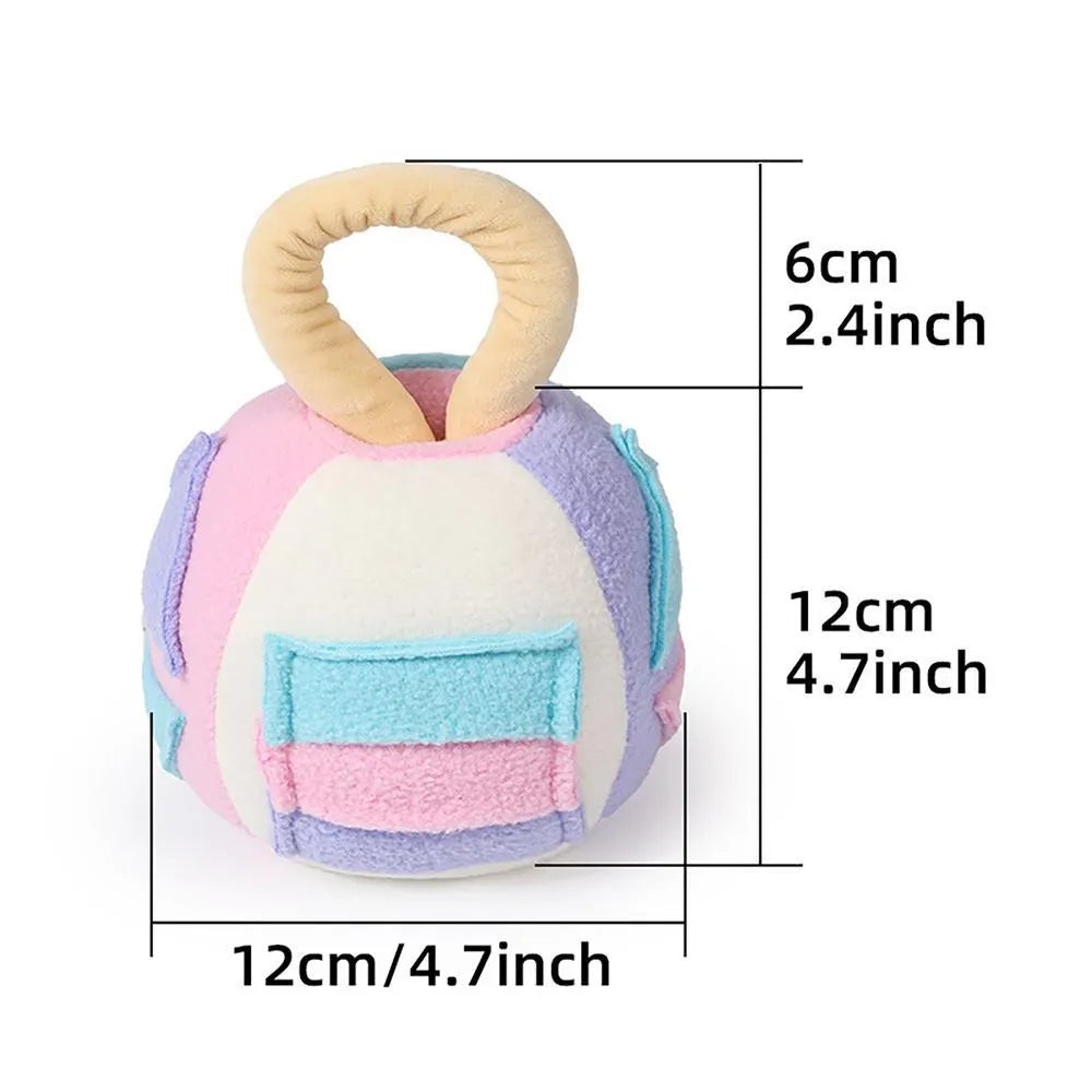 Green and pink polyester plush squeaky ball dog toy with snuffle pockets for treats.