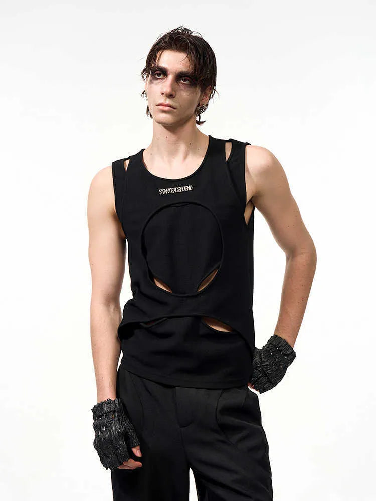 Men's loose-fit sleeveless vest in white shown on a hanger, featuring a round neck and pullover style.