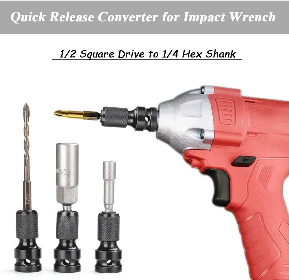 Telescopic scaling bit holder adapter for 1/2" to 1/4" drive conversion with O-ring bolt