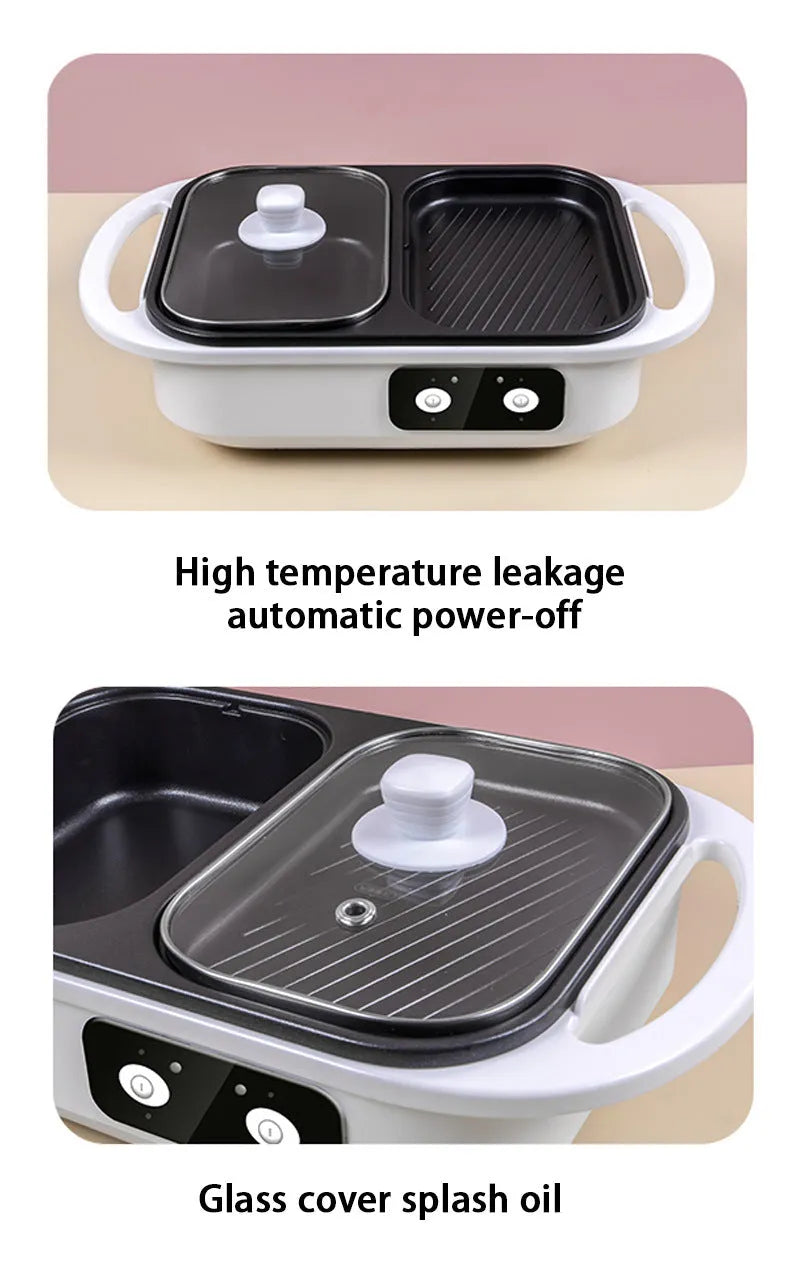 White or green household electric hot pot and frying cauldron oven with mechanical dials, 390mm wide.