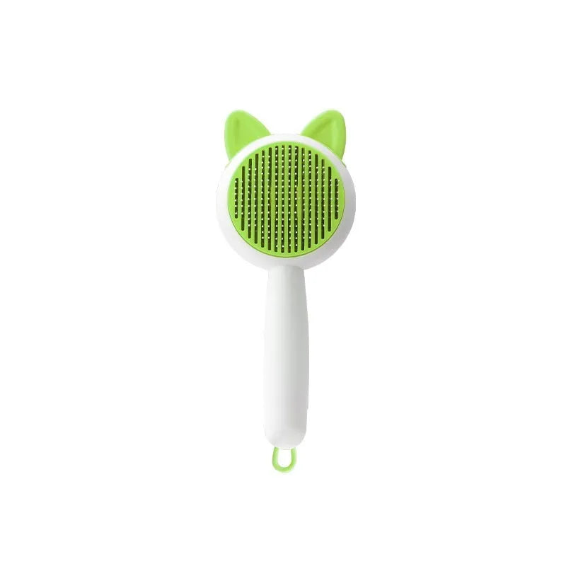 Self-cleaning pet grooming comb with stainless steel teeth in greenish white and orange white colour options
