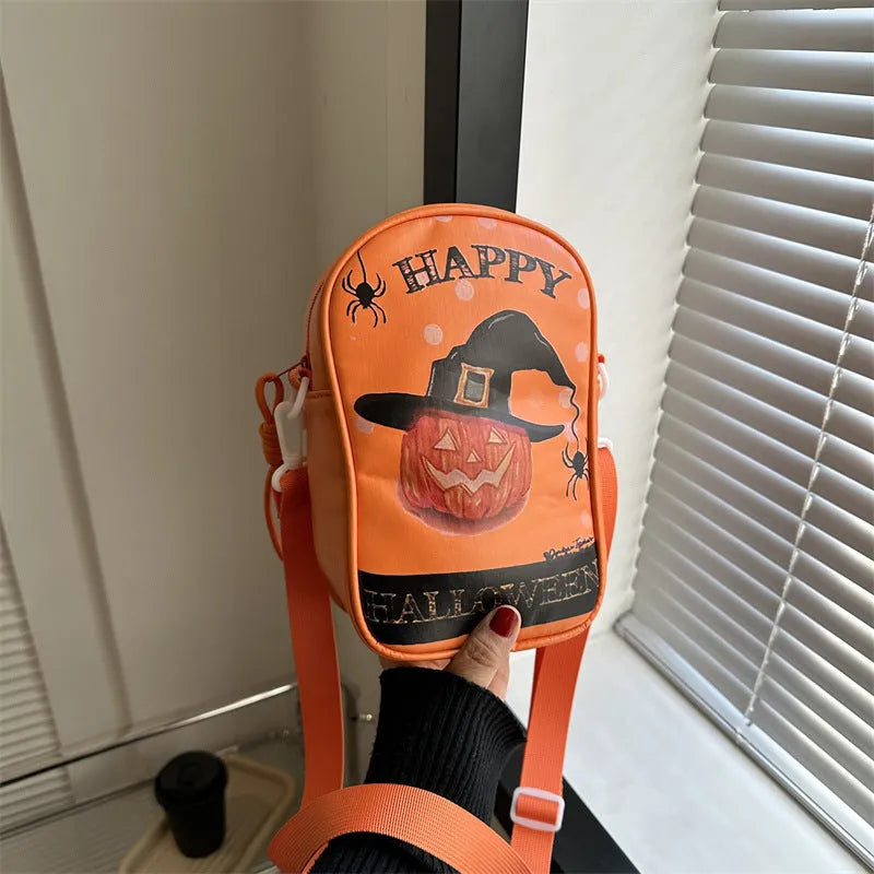 Halloween graffiti crossbody bag with pumpkin ghost bat cartoon prints in medium 14x23x9.5cm size