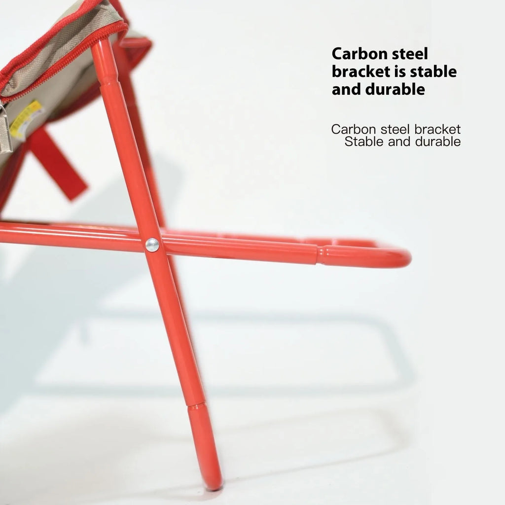Foldable Oxford cloth camp stool shown in khaki colour with pencil box design for outdoor seating