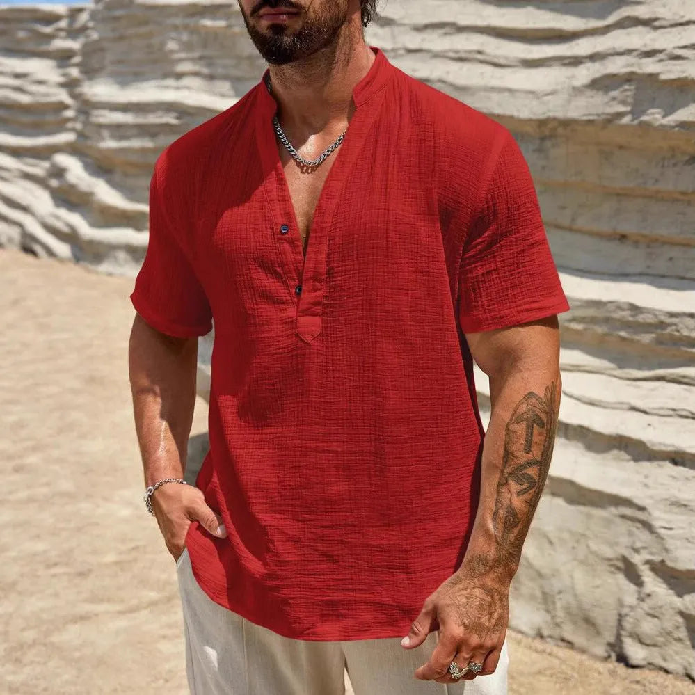 Men's solid colour stand collar short-sleeved shirt in polyester blend fabric for summer wear