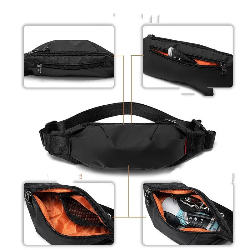 Black Oxford cloth crossbody waist pack showing multiple internal pockets and zipper closure